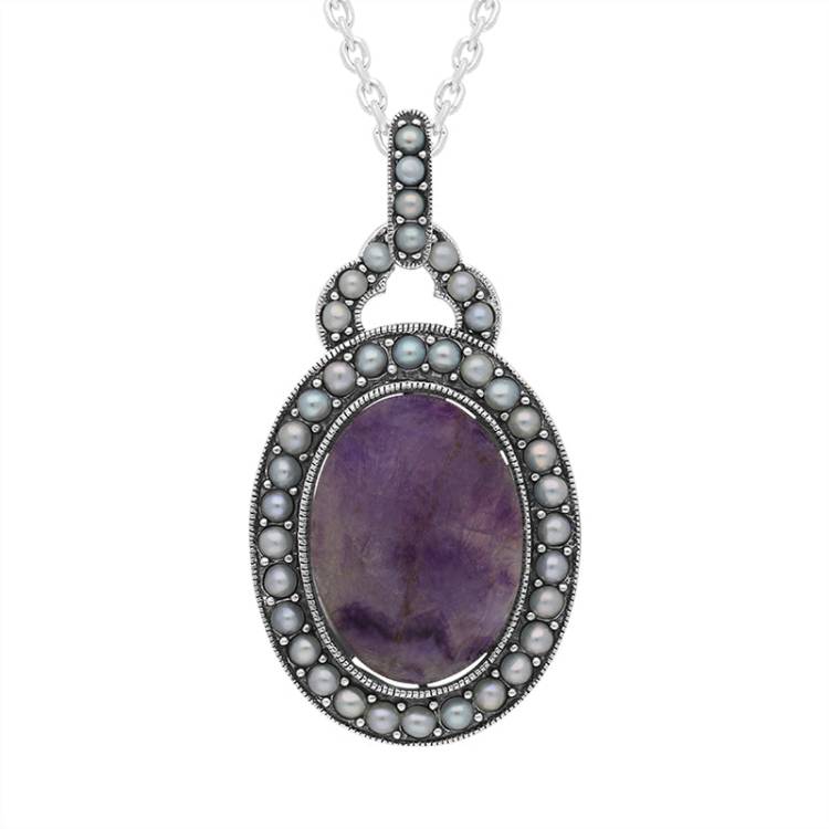 Sterling Silver Blue John Freshwater Pearl Edged Oval Necklace - Silver