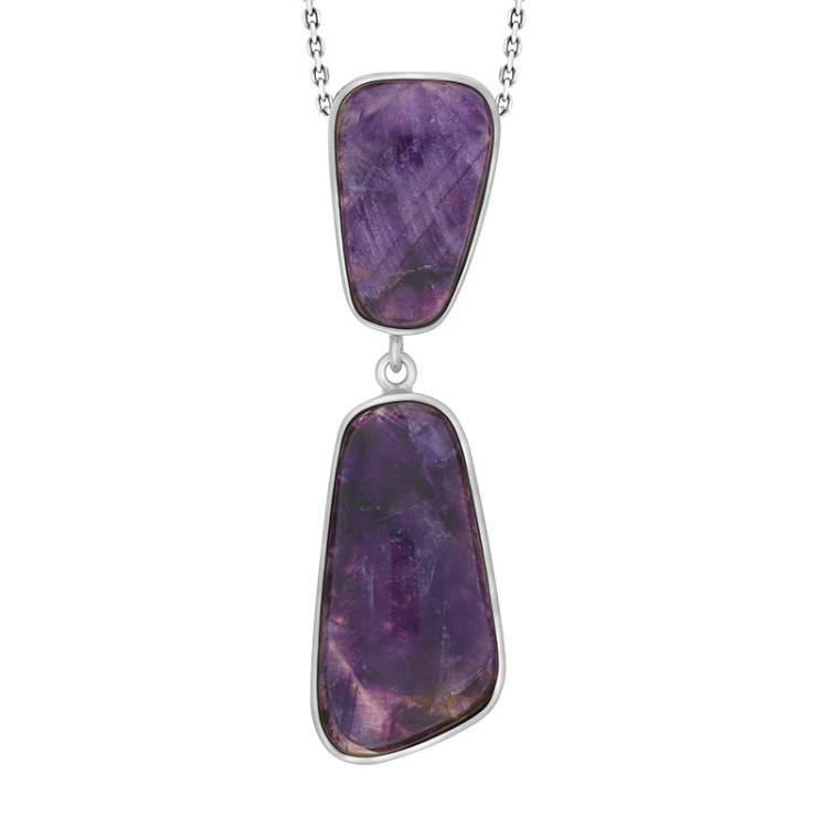 Sterling Silver Blue John Abstract Oblong Two Stone Drop Necklace D