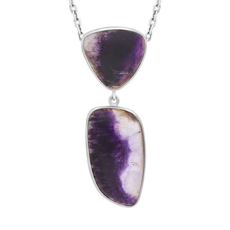 Sterling Silver Blue John Abstract Oval Two Stone Drop Necklace D