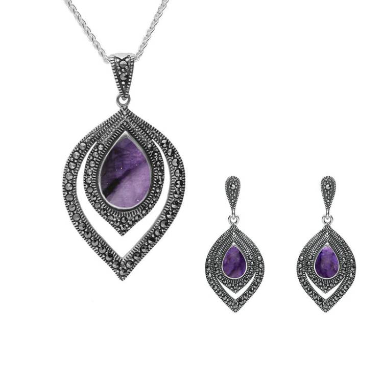 Sterling Silver Blue John and Marcasite Fancy Pear Drop Two Piece Set - Silver