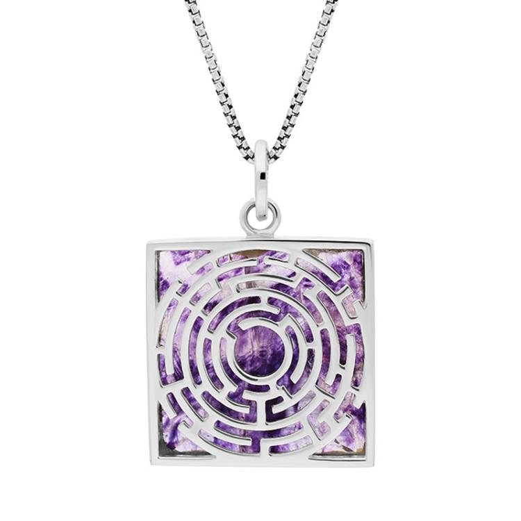 Sterling Silver Blue John Chatsworth Garden Open Square Maze Necklace - Silver