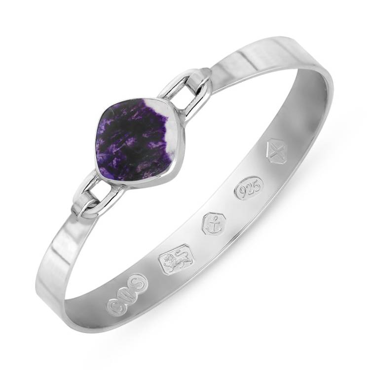 Sterling Silver Blue John Hallmark Wide Cushion Bangle - Silver