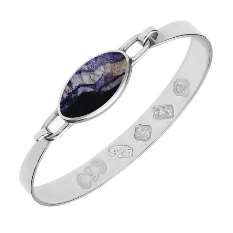 Sterling Silver Blue John Hallmark Wide Oval Bangle - Silver