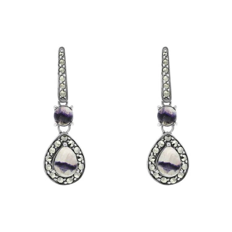 Sterling Silver Blue john Marcasite Pear Drop Earrings - Silver
