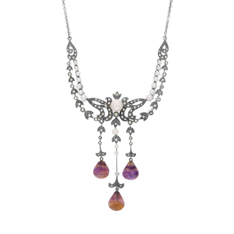 Sterling Silver Blue John Marcasite Pearl Triple Drop Necklace - Silver