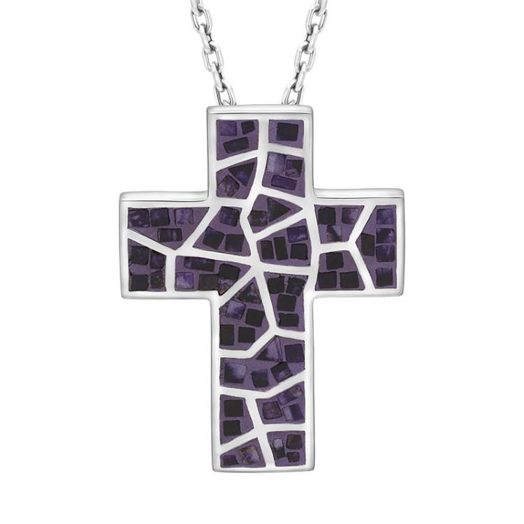 Sterling Silver Blue John Mosaic Set Cross Necklace D