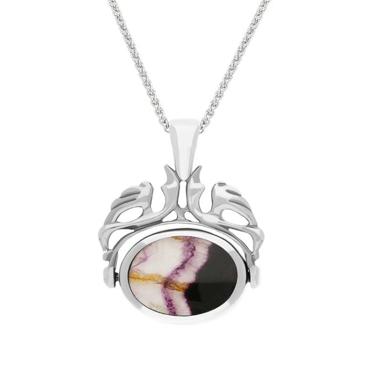 Sterling Silver Blue John Mother Of Pearl Double Sided Oval Swivel Fob Necklace - Sterling Silver