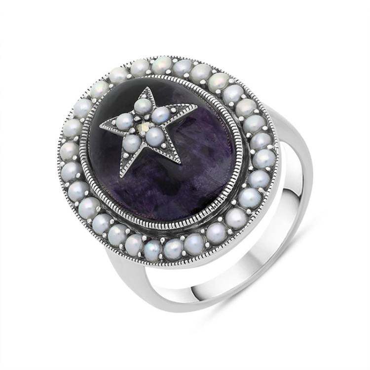 Sterling Silver Blue John Pearl Framed Large Oval Flower Ring - Silver