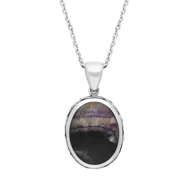 Sterling Silver Blue John Whitby Jet Celtic Double Sided Oval Fob Necklace - Silver