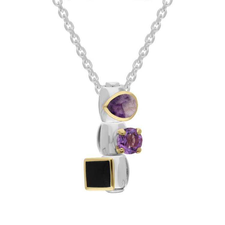 Sterling Silver Blue John Amethyst Whitby Jet Stepping Stones Three Charm Necklace - Silver