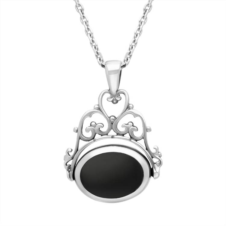 Sterling Silver Blue John Whitby Jet Ornate Double Sided Oval Swivel Fob Necklace - Silver