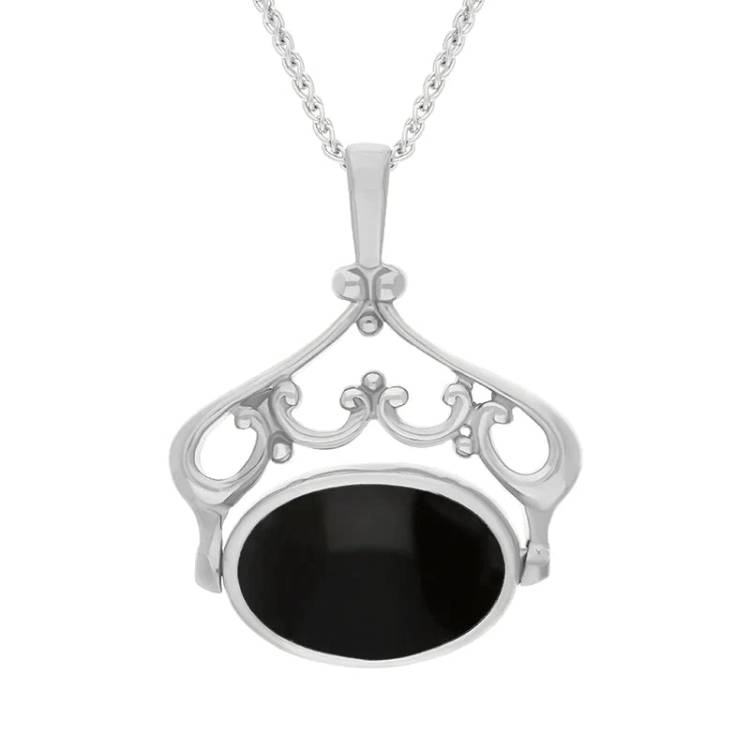 Sterling Silver Blue John Whitby Jet Double Sided Oval Swivel Fob Necklace - Sterling Silver