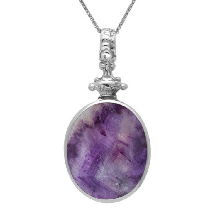 Sterling Silver Blue John White Mother Of Pearl Double Sided Oval Fob Necklace - Sterling Silver