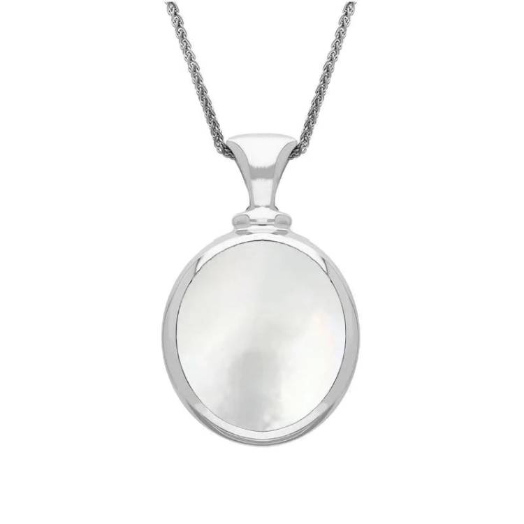 Sterling Silver Blue John White Mother Of Pearl Small Double Sided Oval Fob Necklace - Silver