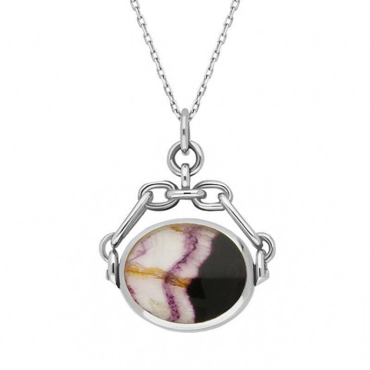 Sterling Silver Blue John White Mother Of Pearl Double Sided Swivel Fob Necklace - Silver