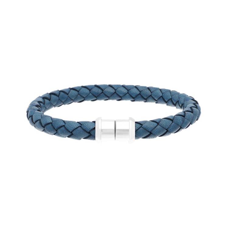 Sterling Silver Blue Leather Magnetic Bracelet - Silver