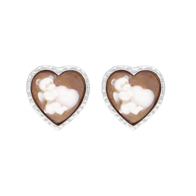 Sterling Silver Cameo Heart Teddy Stud Earrings D