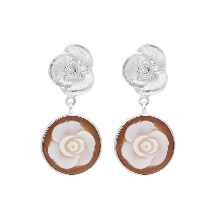 Sterling Silver Cameo Round Rose Drop Earrings D