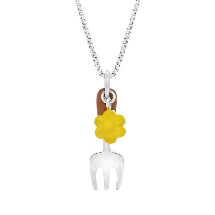 Sterling Silver Chatsworth Garden Yellow Flower Wooden Handle Garden Fork Pendant - Silver