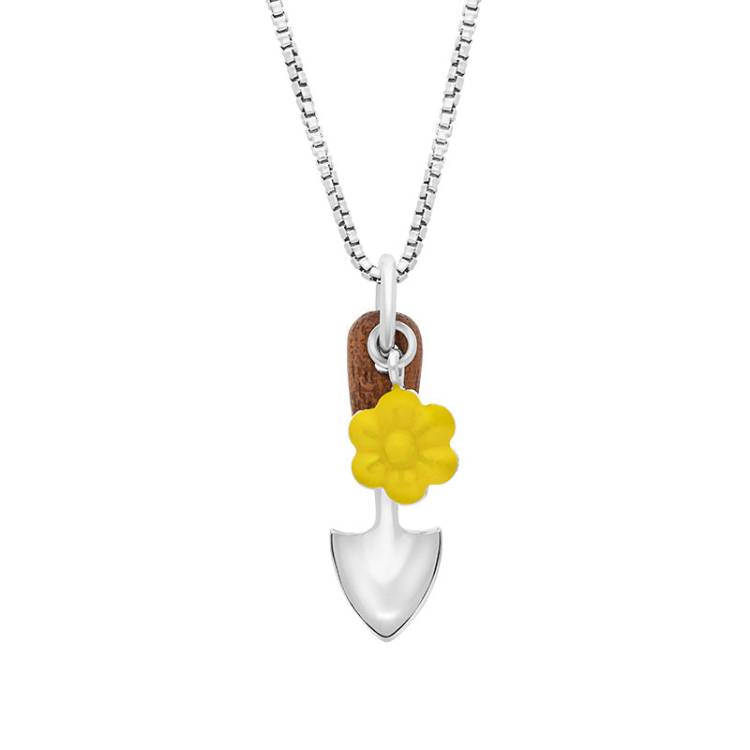 Sterling Silver Chatsworth Garden Yellow Flower Wooden Handle Garden Trowel Pendant - Silver