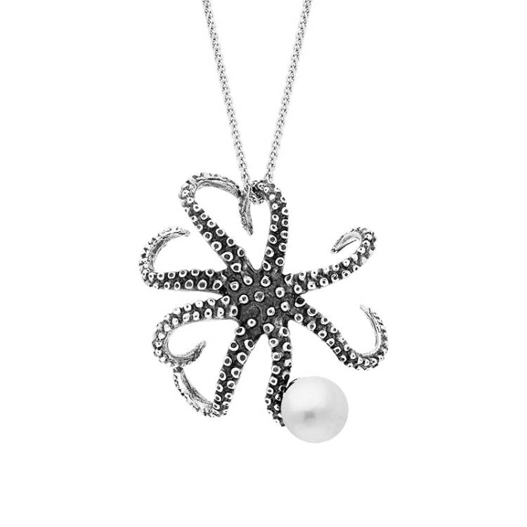 Sterling Silver Freshwater Pearl Bead Octopus Necklace - Silver