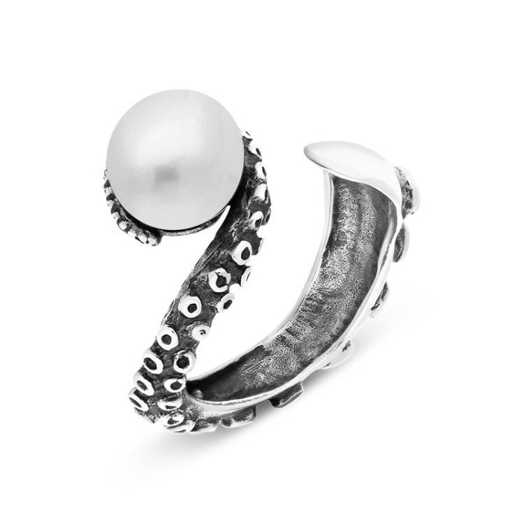 Sterling Silver Freshwater Pearl Bead Swirl Tentacle Ring - Silver