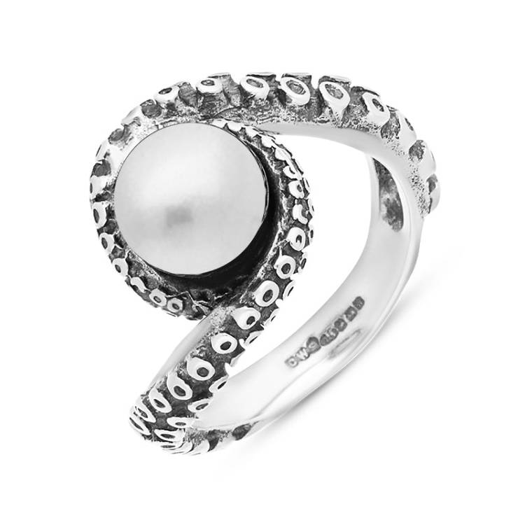 Sterling Silver Freshwater Pearl Bead Twist Tentacle Ring - Silver
