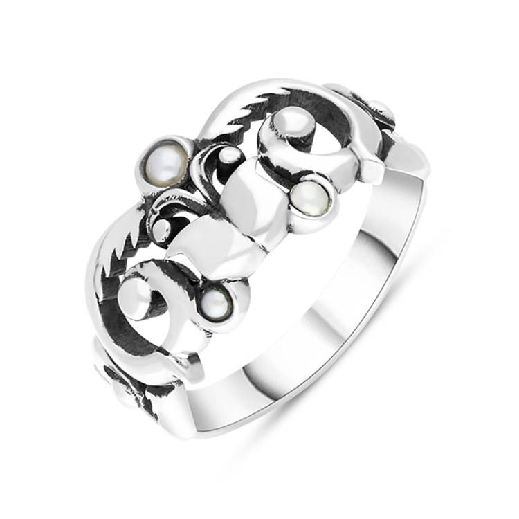 Sterling Silver Freshwater Pearl Scrollwork Ring - Silver