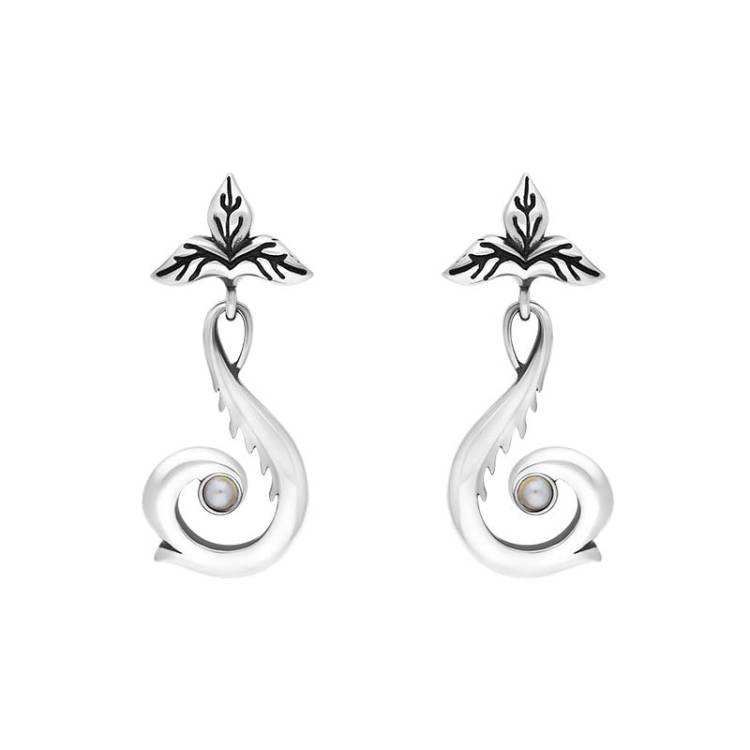 Sterling Silver Freshwater Pearl Scrollwork Drop Earrings - Silver