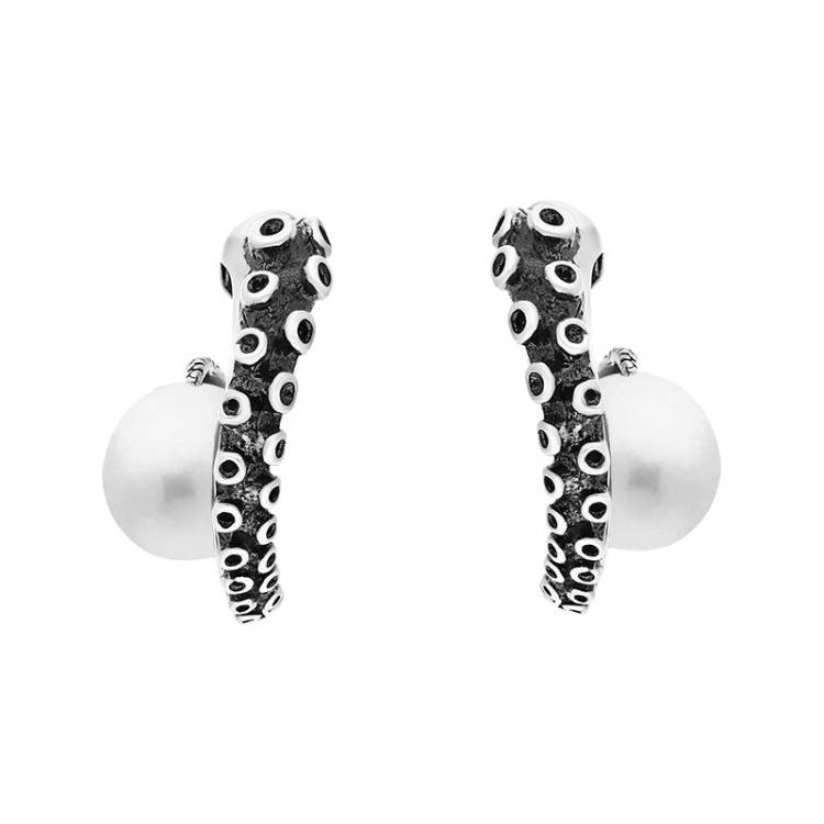 Sterling Silver Freshwater Pearl Tentacle Hoop Earrings - Silver
