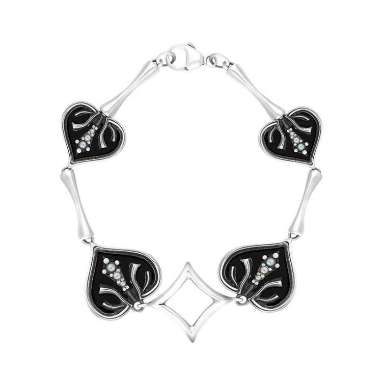 Sterling Silver Freshwater Pearl Whitby Jet Victoriana Hearts Bracelet - Silver