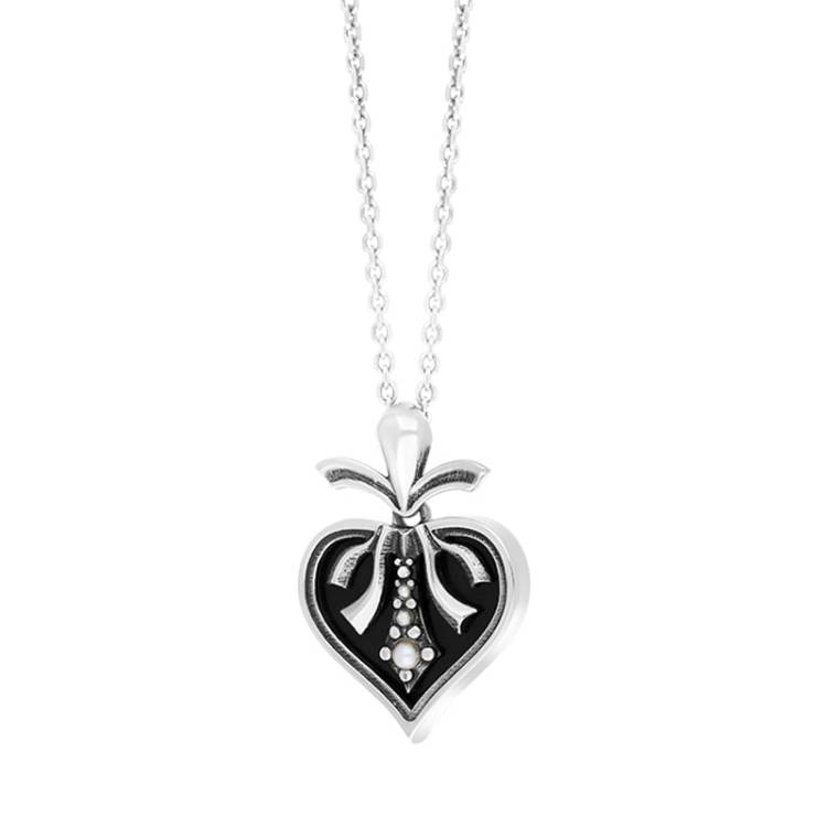 Sterling Silver Freshwater Pearl Whitby Jet Victorian Heart Pendant - Silver