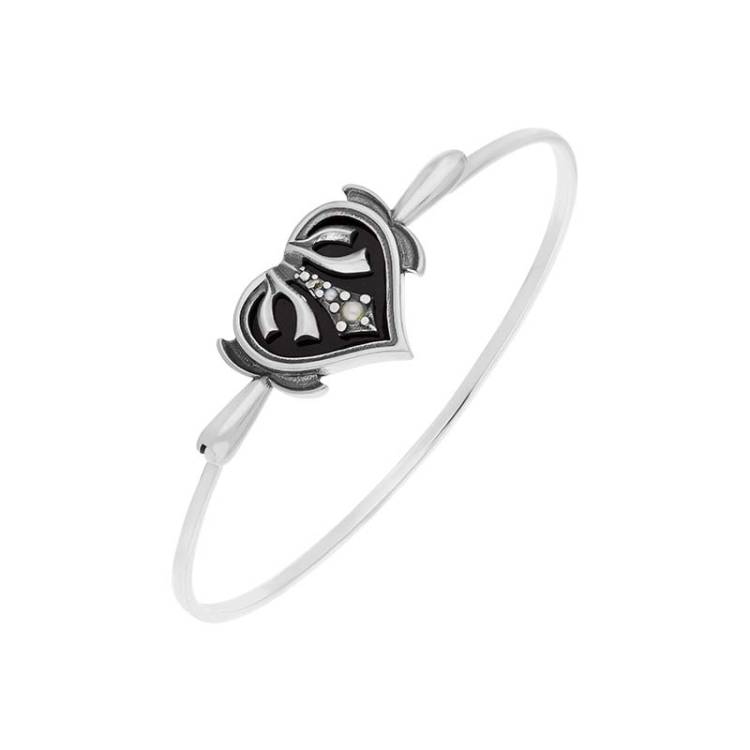 Sterling Silver Freshwater Pearl Whitby Jet Victoriana Hearts Bangle - Silver