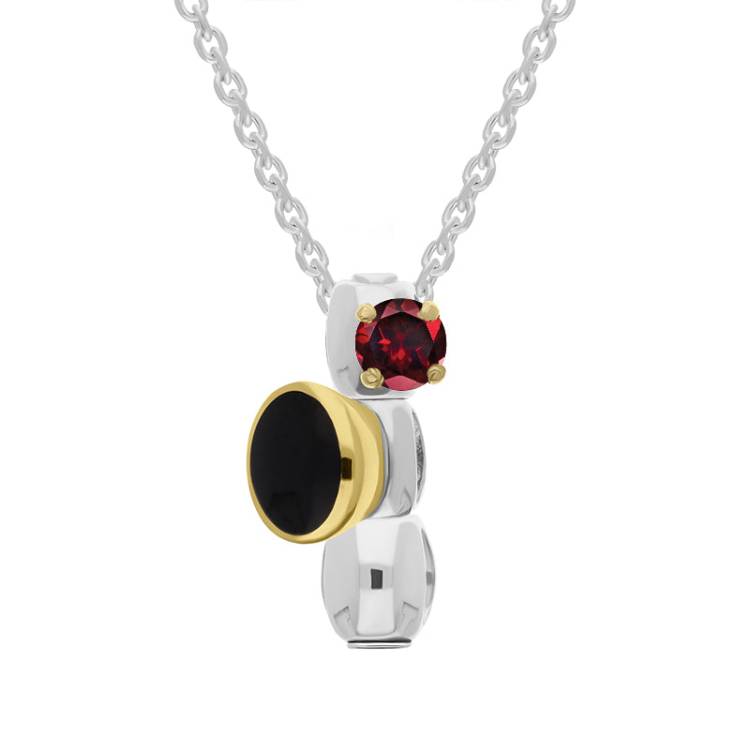 Sterling Silver Garnet Whitby Jet Stepping Stones Three Charm Necklace - Silver