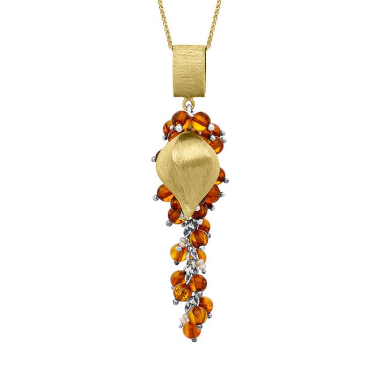 Sterling Silver Gold Plated Amber Freshwater Pearl Pendant Necklace D - Silver
