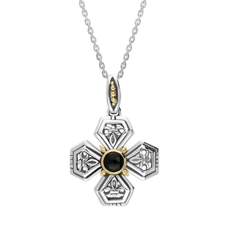 Sterling Silver Whitby Jet Flower Cross Necklace D - Silver