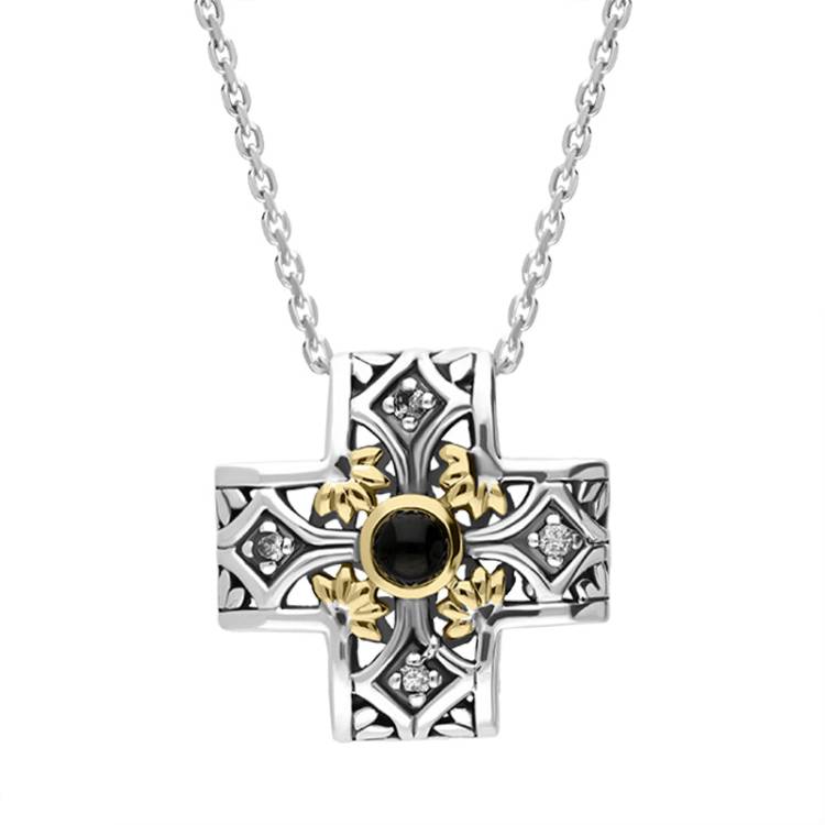 Sterling Silver Whitby Jet Ornate Flower Cross Necklace D - Silver
