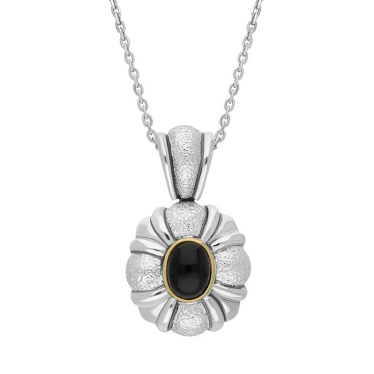 Sterling Silver Whitby Jet Satin Oval Banded Necklace D - Silver