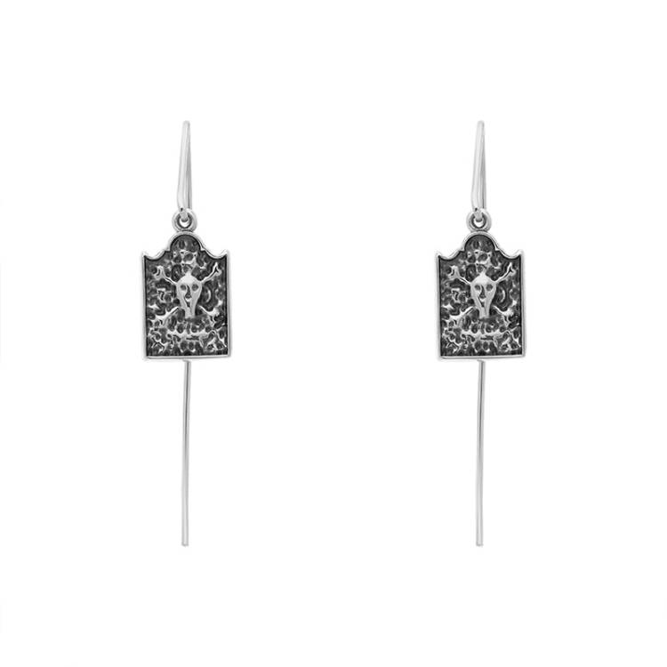 Sterling Silver Whitby Jet Gravestone Skull and Crossbones Hook Earrings - Silver
