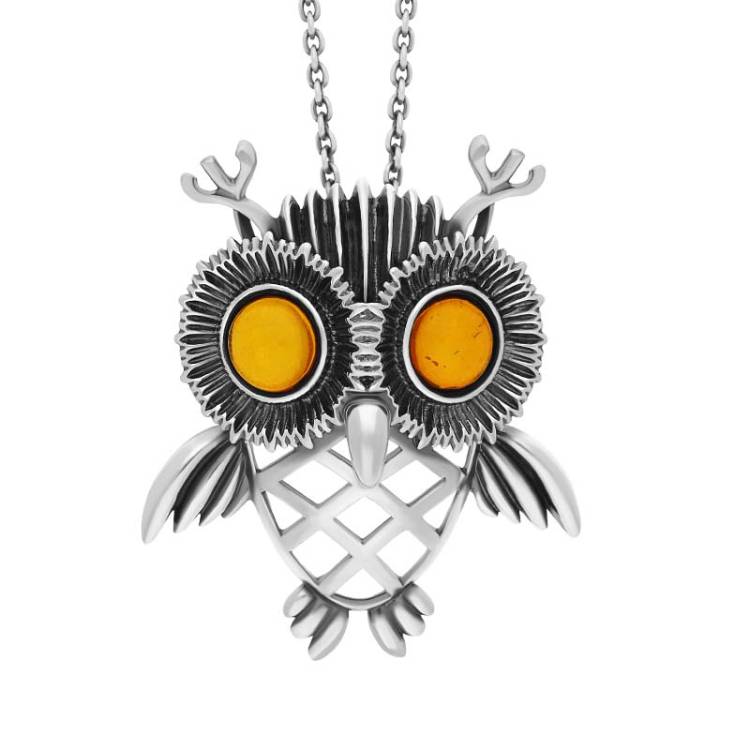 Sterling Silver Large Amber Owl Necklace - Silver