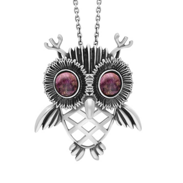 Sterling Silver Large Blue John Owl Necklace - Silver