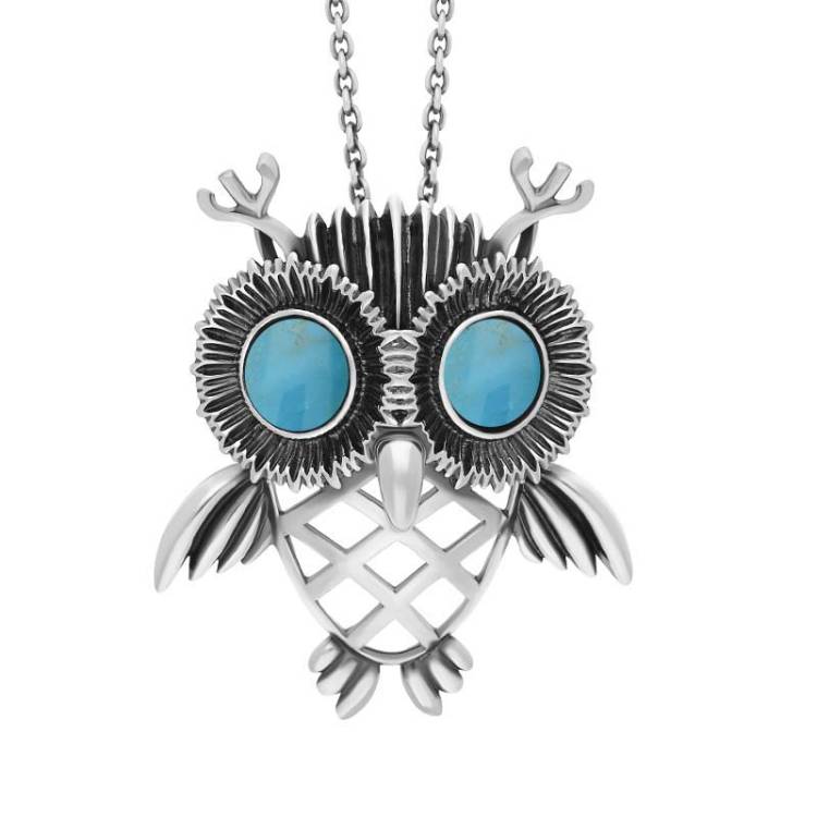 Sterling Silver Large Turquoise Owl Necklace - Silver
