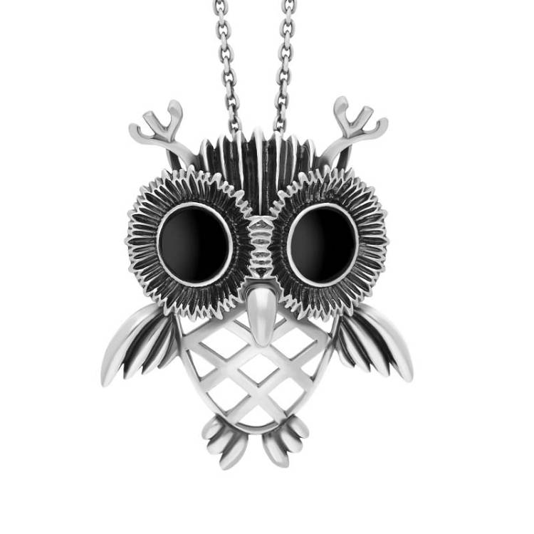 Sterling Silver Large Whitby Jet Owl Necklace - Silver