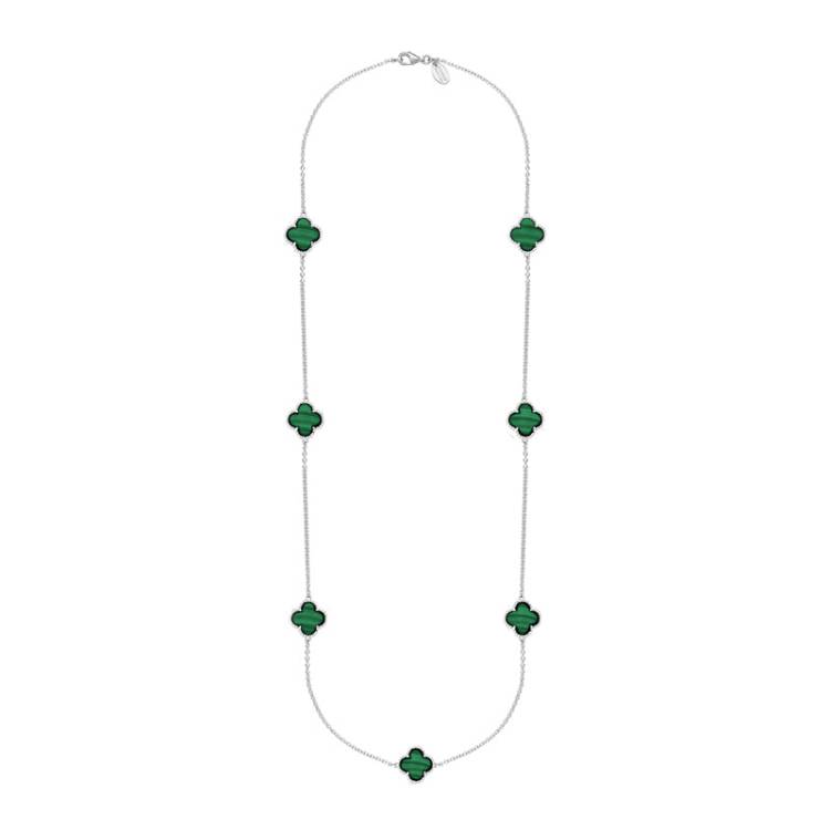 Sterling Silver Malachite Bloom Four Leaf Clover Ball Edge Long Necklace