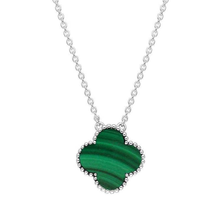 Sterling Silver Malachite Bloom Large Four Leaf Clover Ball Edge Chain Necklet