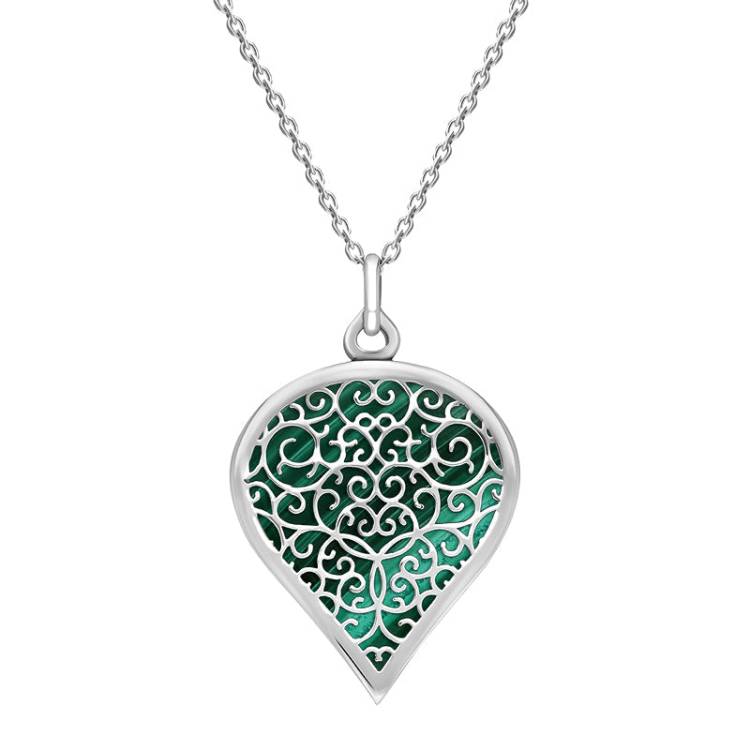 Sterling Silver Malachite Flore Filigree Large Heart Necklace