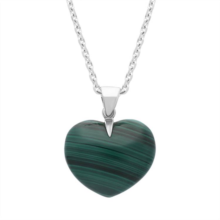 Sterling Silver Malachite Medium Carved Heart Necklace - Silver