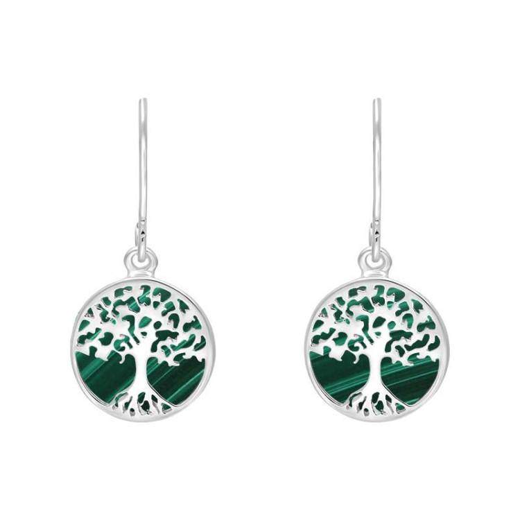 Sterling Silver Malachite Round Tree of Life Drop Earrings