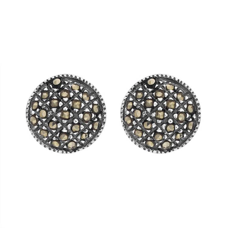 Sterling Silver Marcasite Round Pave Earrings - Silver