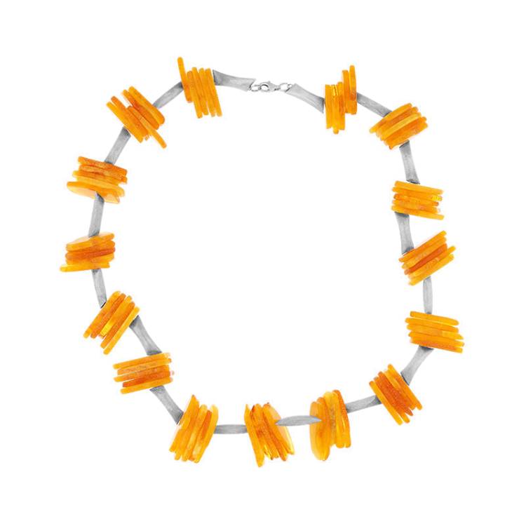 Sterling Silver Mixed Amber Rough Cut Bar Necklet - Silver